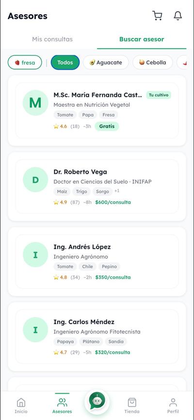 Listado de asesores técnicos en la app