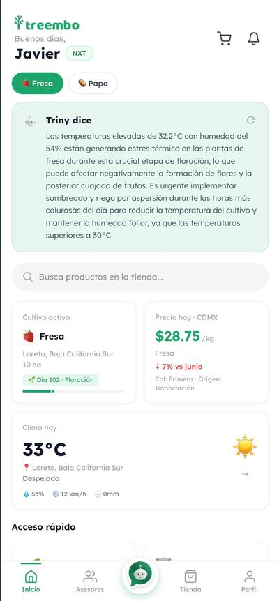 Pantalla de inicio de la app Treembo con Triny